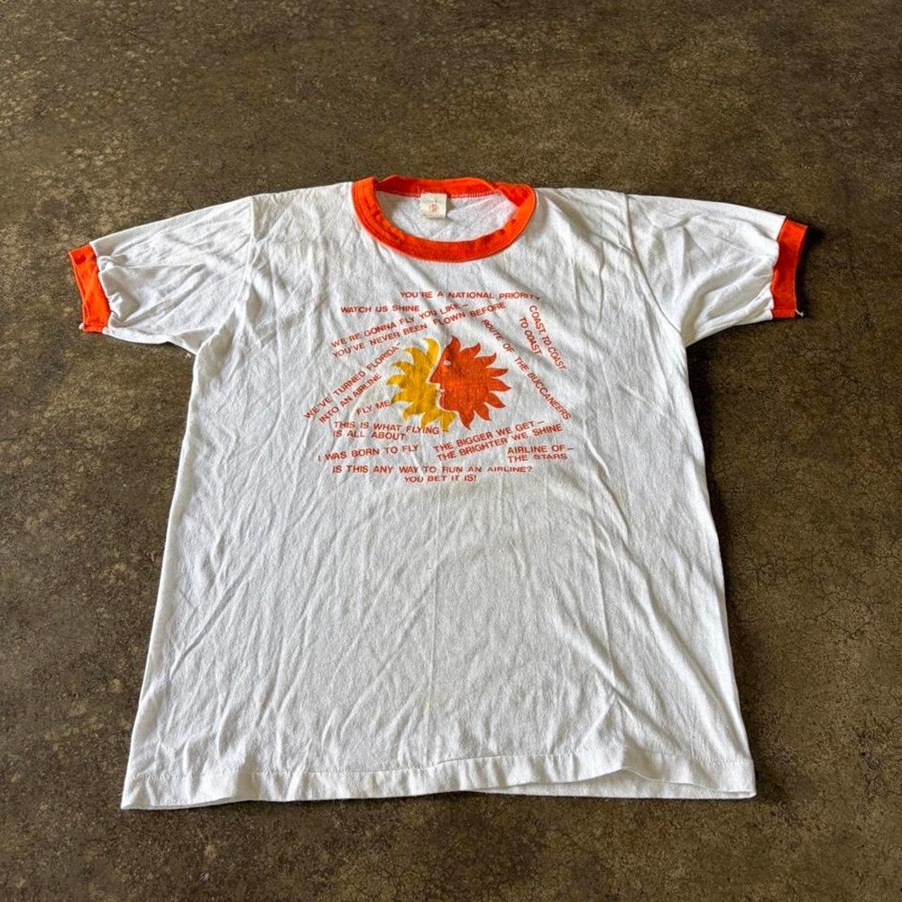 Vintage 70s Florida Airlines Springfoot Ringer T-Shirt Men Medium White Orange